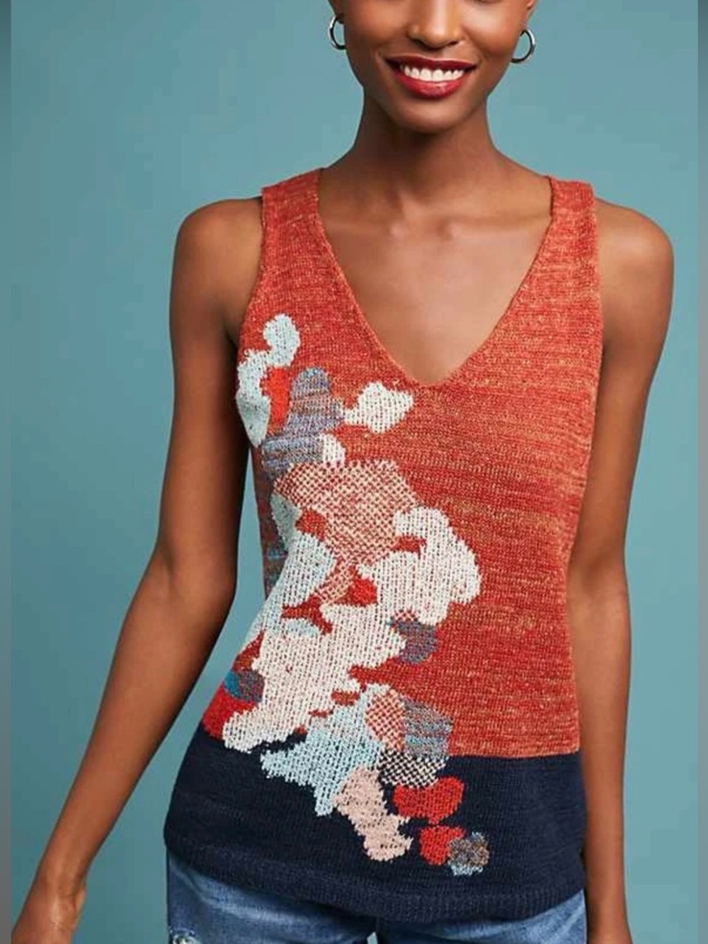 Anthropologie Akemi + Kin Garden Grove Intarsia Floral Knit V Neck Tank Top